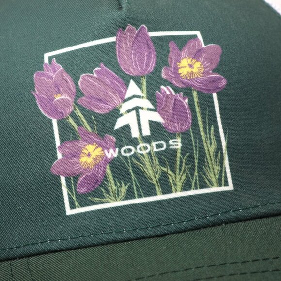 Woods Heritage Trucker Baseball Hat Mesh Snapback Cap Floral Green Purple White - Picture 2 of 7